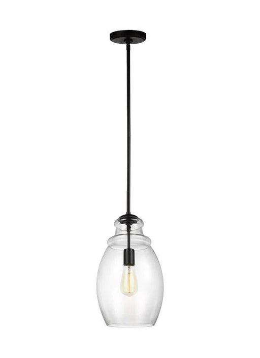 Oil-rubbed bronze pendant light with a clear bell-shaped glass shade.