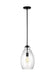 Oil-rubbed bronze pendant light with a clear bell-shaped glass shade.