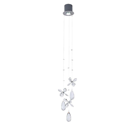 Chrome pendant light with a single spherical glass shade.