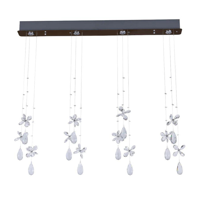 Chrome pendant light with a rectangular base and four spherical glass shades.