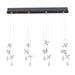 Chrome pendant light with a rectangular base and four spherical glass shades.