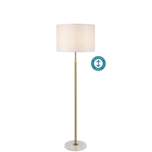Aged gold and ivory floor lamp with a cylindrical base and a conical fabric shade.