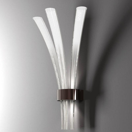 Large, modern wall sconce with a rectangular, metallic frame, angled view.