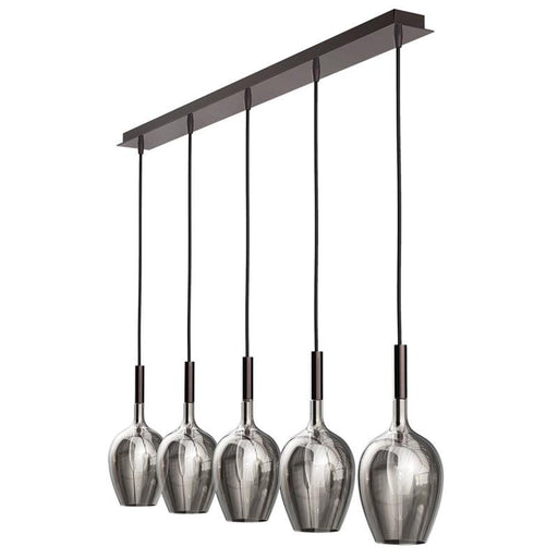 Rose colored multi-light chandelier with spherical shades, large size.