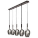 Rose colored multi-light chandelier with spherical shades, large size.