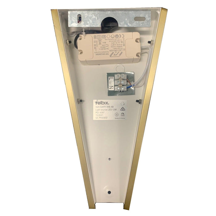 Backplate of a wall sconce with wiring connections.