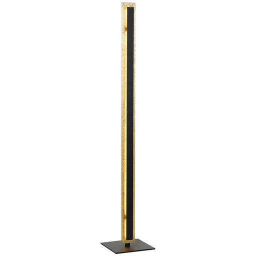 Gold floor lamp with a rectangular base and a cylindrical fabric shade.