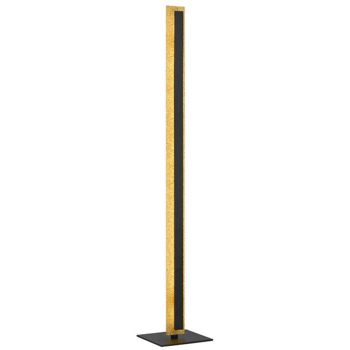 Gold floor lamp with a rectangular base and a rectangular fabric shade.