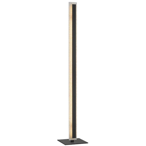 Silver floor lamp with a rectangular base and a rectangular fabric shade.