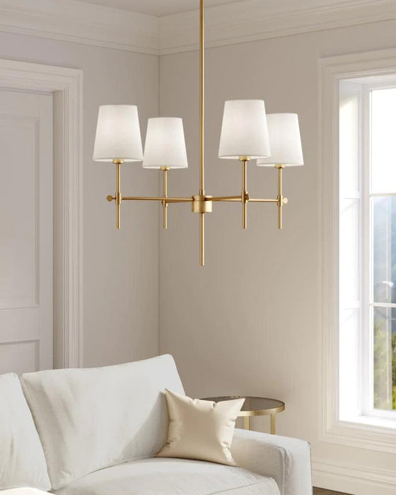 Bronze four-light chandelier with clear seeded glass shades, in a dining room setting.