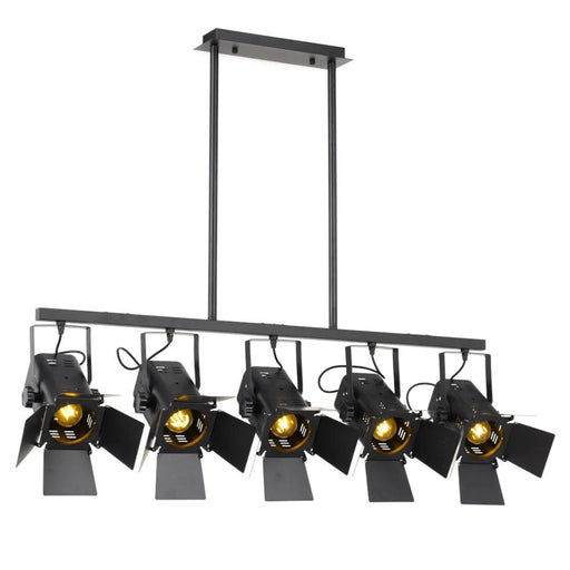 Black five-light linear pendant light with cylindrical clear glass shades and exposed bulbs.