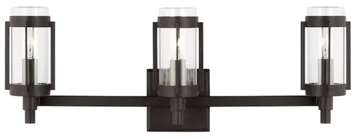 An overhead view of a modern aged iron semi-flush mount light with layered rings.