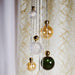 Large, modern chandelier with five light sources and a metallic frame.