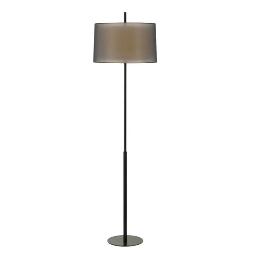 Black floor lamp with a cylindrical base and a conical fabric shade.