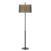 Black floor lamp with a cylindrical base and a conical fabric shade.