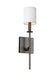 Antique bronze wall sconce with a cylindrical clear glass shade and exposed bulb.