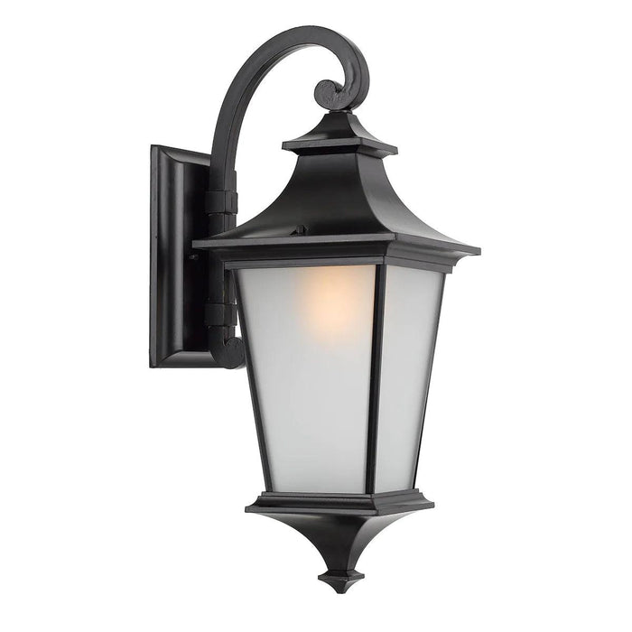 Black outdoor wall sconce with a modern rectangular design and horizontal light bar.