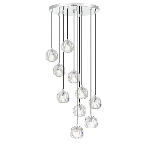 Chrome pendant light with a unique, curved design and diffused light.