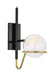 A modern wall sconce with a black cylindrical shade and a brass accent.