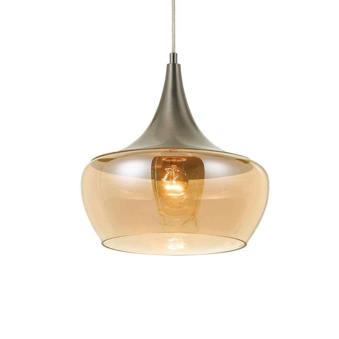 Chrome pendant light with a clear glass diffuser, illuminated.