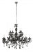 Modern black and brass 12-light linear pendant with spherical clear glass shades.