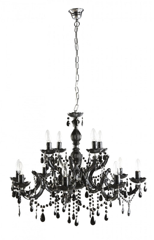 Modern black and brass 12-light linear pendant with spherical clear glass shades.