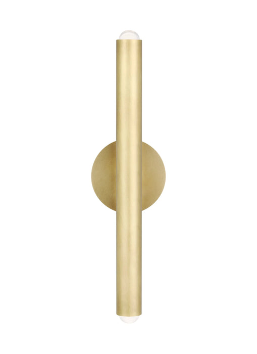 A close-up of a modern cylindrical wall sconce highlighting the bronze finish and light output.