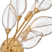 A close-up of a modern ceiling fan with dark wood-tone blades.
